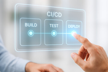 Ci/cd pipeline automation process concept with build test and deploy stages on a virtual interface