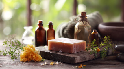 Fototapeta premium Rustic wooden table adorned with natural handmade soap, essential oil bottles, and dried herbs, symbolizing organic skincare, aromatherapy, and holistic wellness