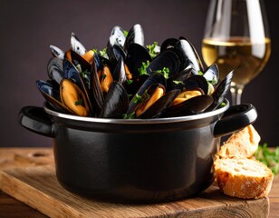 Delicious Cooked Mussels In A Pot With Parsley And Crusty Bread