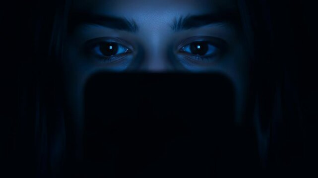 womans focused eyes reflect a glowing blue screen in a dark environment.