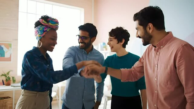 Diverse business team celebrating collaboration success in creative office