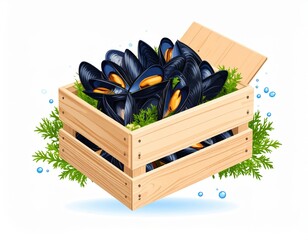 Wooden Crate Filled With Fresh Mussels