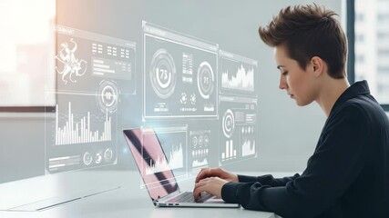 Focused young professional working on a laptop with multiple holographic data interfaces floating around, symbolizing advanced analytics, AI, and digital technology - Powered by Adobe
