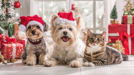 The festive pets celebrate Christmas with joy and adorable holiday spirit.