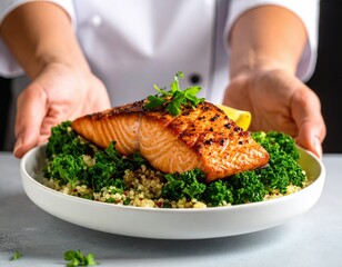 Chef Presenting Grilled Salmon with Quinoa and Kale