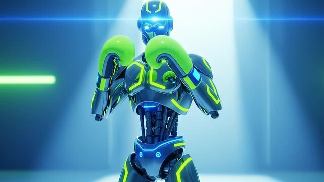 futuristic metallic robot with glowing blue and neon green accents stands in a boxing stance wearing bright green gloves in a high-tech arena.