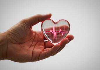 Life in Your Hand: 3D transparent heart with cardiogram highlights urgent awareness for hypertension and stroke risks.