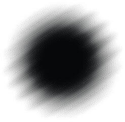 Halftone vector with radial gradient made of warped dots. Dense black center fades to white with tilted ripple distortion. Great for retro or tech themes.