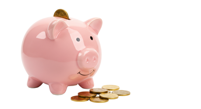 piggy bank with coin isolated on white background