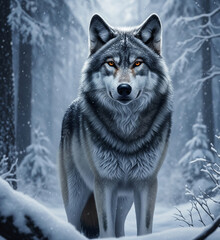 Naklejka premium A majestic grey wolf with piercing amber eyes standing in a snow-covered forest, alert and proud.