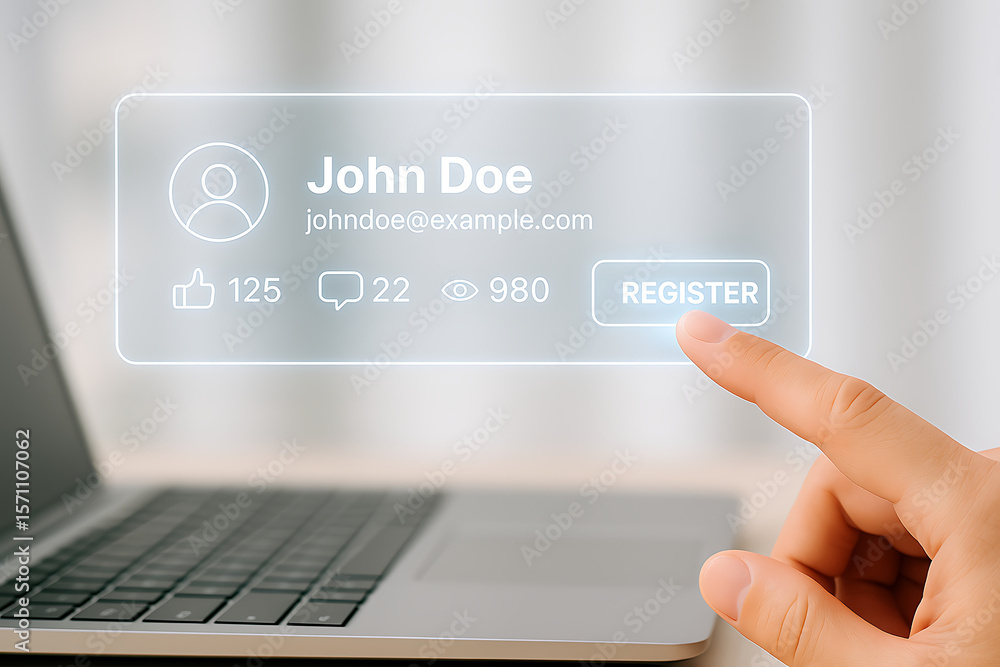 Poster register button click online registration social media profile laptop user interface website signup 