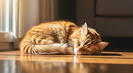 An adorable ginger cat is curled up and sleeping peacefully in a patch of warm sunlight on a wooden floor