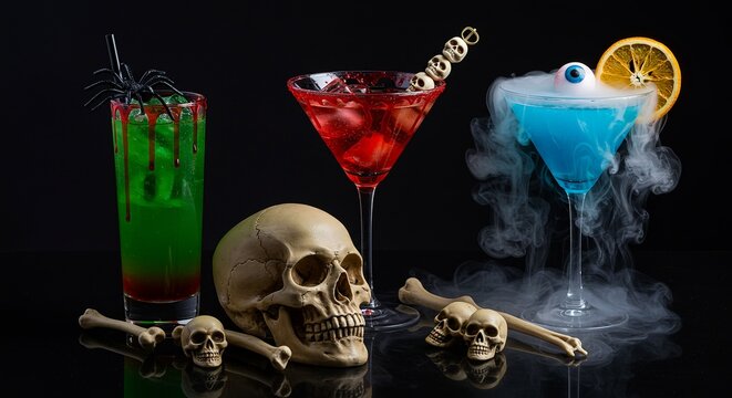 Spooky halloween cocktails with skulls and bones on a dark background - Powered by Adobe
