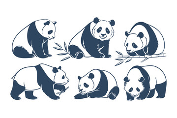 Set of Cute Stylized Panda Bear Illustrations in Various Poses. Vector Animal Design Elements for Logos, Mascots, and Wildlife Concepts