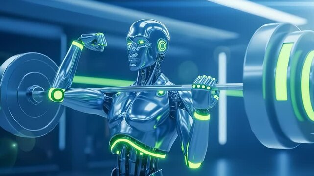 Powerful metallic robot flexes bicep with barbell in futuristic gym.