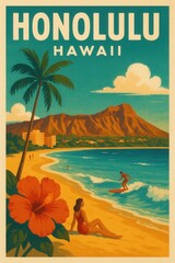 Vintage style poster of Honolulu Hawaii featuring surfers and beachgoers along a tropical shoreline with palm trees and Diamond Head mountain under sunny skies