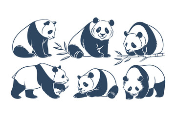 Set of Cute Stylized Panda Bear Illustrations in Various Poses. Vector Animal Design Elements for Logos, Mascots, and Wildlife Concepts