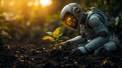 Futuristic robot tending young plant in sunlit field