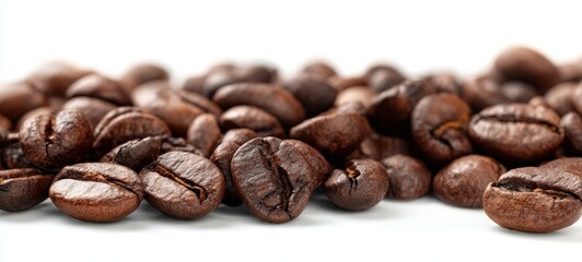 Fototapeta premium The rich texture of roasted coffee beans on a white background