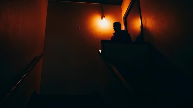 mysterious silhouetted person walks up and down dark eerie stairs under a single glowing light.