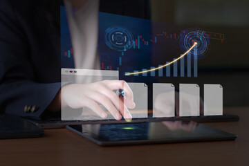Project management tool concept. Businesspeople use laptops to manage work projects and update tasks with Gantt chart schedules to business plans and progress. Planning software.