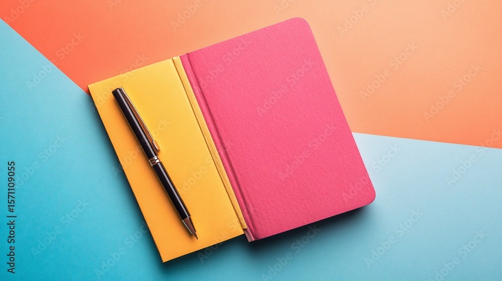 Poster open notebook with pen on geometric color background layout design