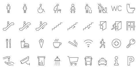 Public Facility And Amenities Icon Set. Universal Symbols For Accessibility, Navigation and Services In Public Spaces. Includes Restrooms, Elevators, Food and Security. Isolated Vector Illustration