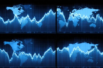 Four panels displaying global stock market trends.  World maps overlaid on fluctuating stock charts.  Blue tones, dark background