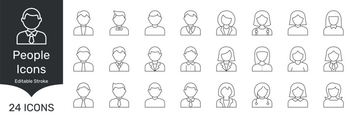 Business People Avatar Line Icon Set. Professional Male and Female Character Icons with Diverse Hairstyles and Outfits Outline Symbol Collection. Editable Stroke. Isolated Vector Illustration