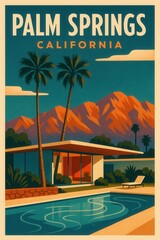 Fototapeta premium Artistic depiction of Palm Springs with a modernist home, palm trees, a pool, and distant red mountains under a clear teal sky evoking a stylish retro atmosphere
