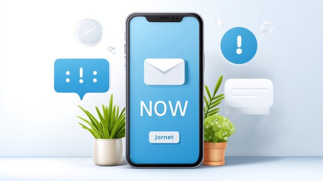 A smartphone displaying a "NOW" message with notification icons around it, placed between two potted plants on a white surface with a clock in the background.