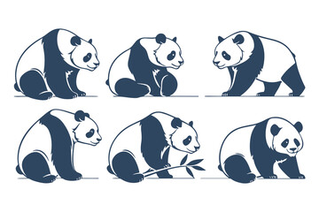 Set of Cute Panda Bear Illustrations in Different Poses. Vector Cartoon Style Animals for Kids Designs, Logos, Stickers, and Branding
