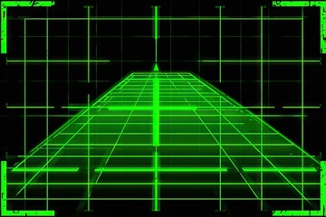 Green grid overlay on a dark background, featuring a pyramid shape with a crosshair in the center