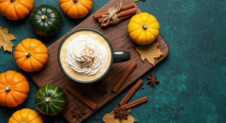 Fototapeta premium Cozy autumn beverage with whipped cream and mini pumpkins cinnamon sticks and star anise