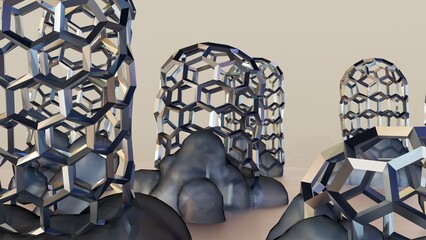 A 3D rendering showing carbon nanotubes growing from catalyst particles on a surface during Chemical Vapor Deposition (CVD), specifically the base-growth model.