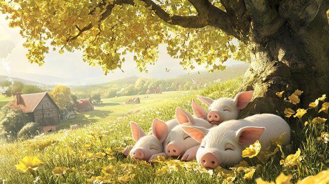 Peaceful Slumber, A Quintet of Piglets Napping Underneath a Golden Canopy