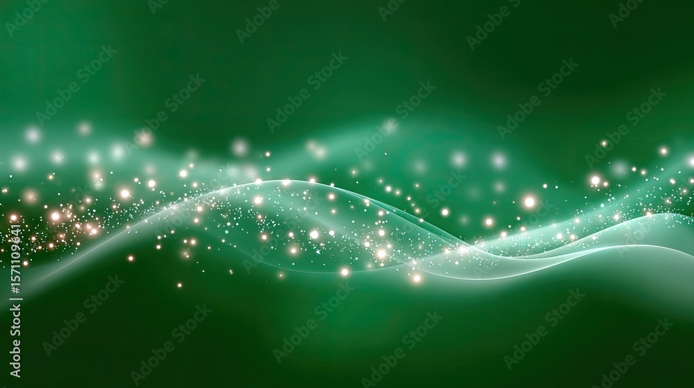 Poster elegant green waves with soft glows and subtle sparkles effect