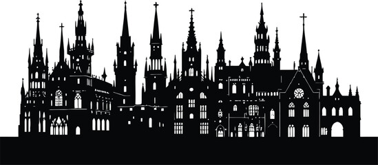 Obraz premium Gothic Majesty — Silhouette Illustration of Cathedral with Ornate Towers and Spires