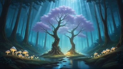 Naklejka premium Mushrooms and Forest Trees Lights 01