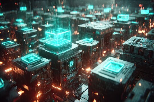 Futuristic, intricate cityscape of metallic, box-shaped structures, lit by glowing turquoise and orange light.  Digital, high-tech design