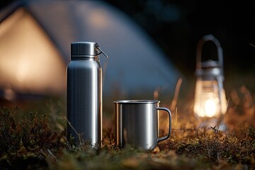 Camping scene with stainless steel thermos, cup, and lantern ill