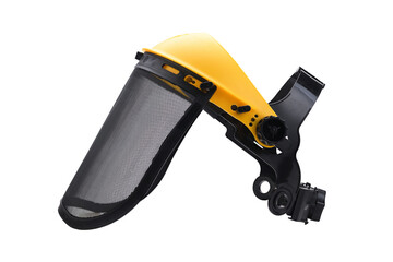 Protective face shield for safety during construction work and lawn mowing.