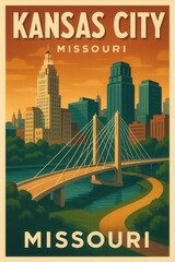 Stylized vintage illustration of Kansas City Missouri featuring a skyline with modern and classic buildings and a cable-stayed bridge crossing a winding river