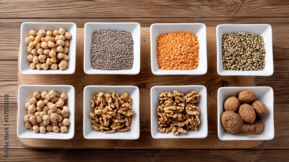 Poster assorted nuts and seeds in square bowls on wooden surface display