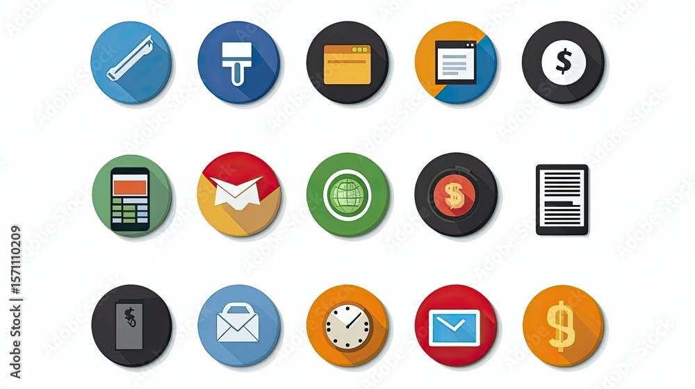 Poster colorful round icons representing various concepts and digital applications on white background