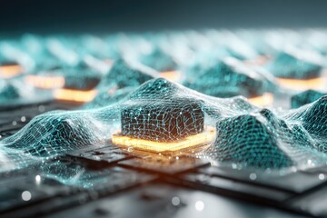 Abstract digital landscape of interconnected processors.  Complex network of turquoise lines and glowing orange squares, resembling a futuristic microchip or data center