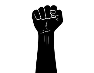 Raised black fist symbolizes strength and empowerment; suitable for activism, social justice, equality, power, rebellion, protest, and unity concepts.