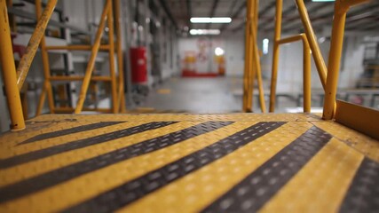 Close up of a no vehicles sign on a yellow and black hazard striped industrial platform, indicating restricted access for vehicles in a potentially hazardous area, emphasizing safety regulations