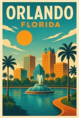 Fototapeta premium A colorful vintage-style travel poster of Orlando Florida showing palm trees, a round water fountain, and a modern city skyline beneath a bold sun in a blue sky