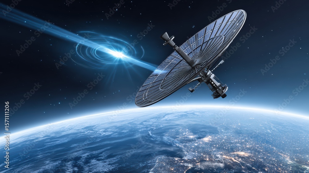 Poster a satellite dish or space probe orbits earth, capturing signals from a distant pulsar in outer space